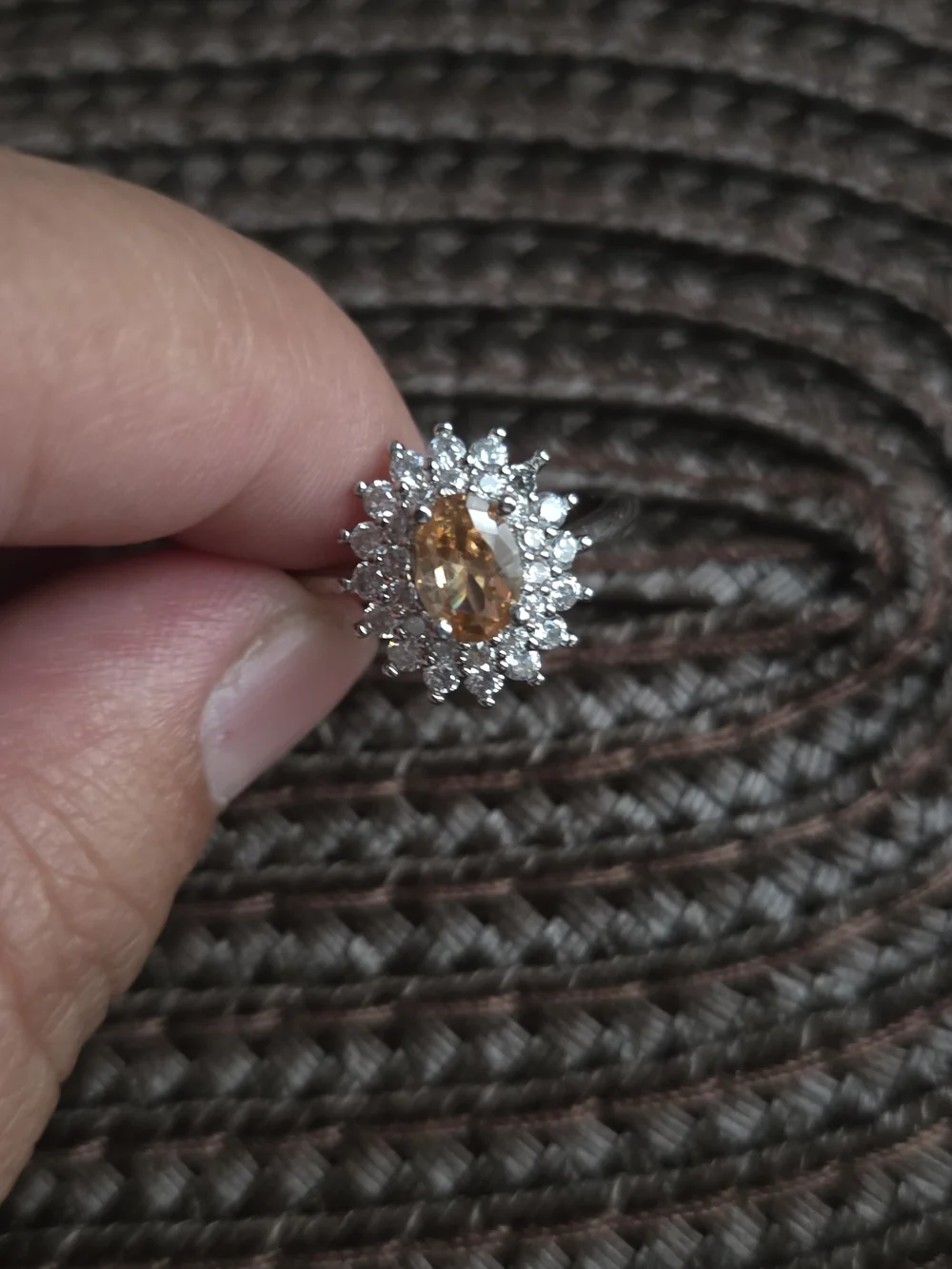 Oval Peach Ring with Clear Accent Stones - Women Jewelry